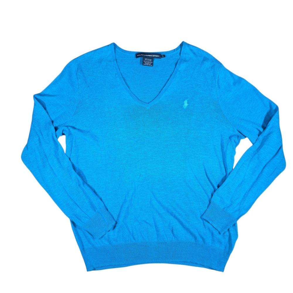 Ralph Lauren Sport Womens XL V-Neck Sweater Blue Cotton Linen Knit Pony Logo